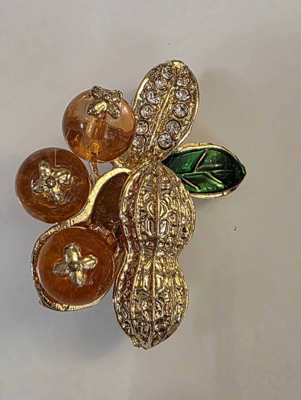 Whimsical Peanut Brooch Simulated Diamonds